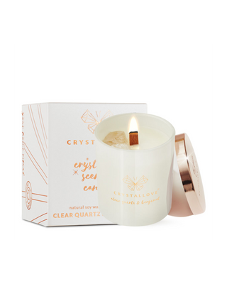 Vela de soja con cristal de roca y de bergamota en envase de cristal Crystallove