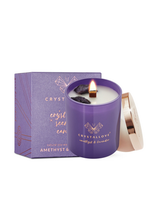 Vela de soja con amatista y lavanda en envase de cristal Crystallove