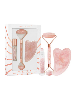 Rodillo facial + tabla de masaje facial + botella roll-on Rose quartz beauty set Crystallove - 1
