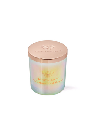 Vela de soja con fluorita de arcoíris y champán rosado en envase de cristal Crystallove