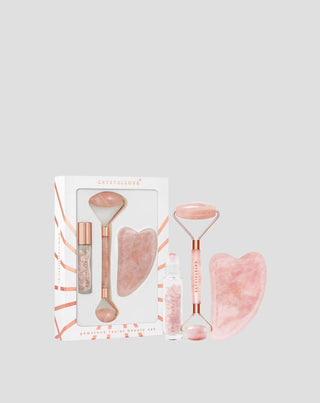 Rodillo facial + placa gua sha + botellita roll-on Set de belleza de cuarzo rosa Crystallove - 1