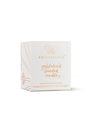Vela de soja con cristal de roca y de bergamota en envase de cristal Crystallove