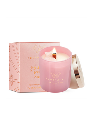 Vela de soja con cuarzo rosa y una rosa en envase de cristal Crystallove