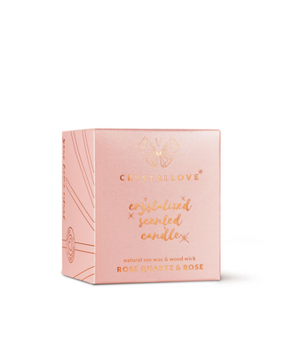 Vela de soja con cuarzo rosa y una rosa en envase de cristal Crystallove