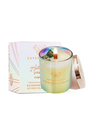 Vela de soja con fluorita de arcoíris y champán rosado en envase de cristal Crystallove