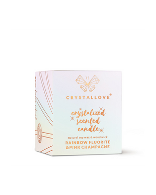 Vela de soja con fluorita de arcoíris y champán rosado en envase de cristal Crystallove