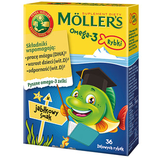 Suplemento dietético con ácidos grasos omega-3 Gominolas 36 de pescado con sabor a manzana de Moller - 1