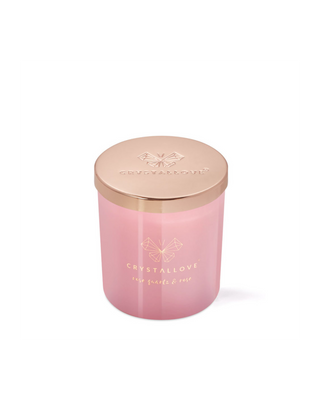 Vela de soja con cuarzo rosa y una rosa en envase de cristal Crystallove