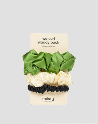 Pack de 3 coleteros de seda 100% natural para el cabello - color verde, crema y negro Twisty - 1