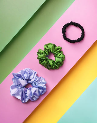 Pack de 3 coleteros de seda 100% natural para el cabello - lila, verde y negro Twisty - 5