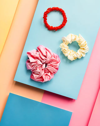 Pack de 3 coleteros de seda 100% natural para el cabello - color rosa, crema y rojo Twisty - 5