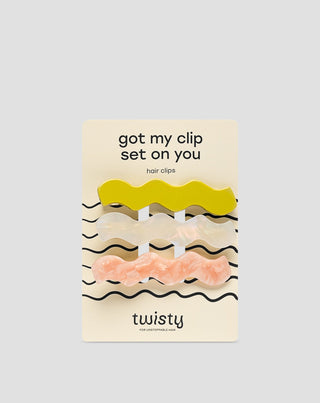 Juego de clips ondulados Twisty para el cabello - perlado, verde y rosa - 3 unidades - 1