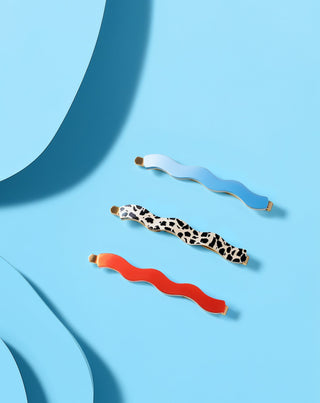 Juego de horquillas onduladas Twisty para el cabello - marmoleada, azul y roja - 3 unidades