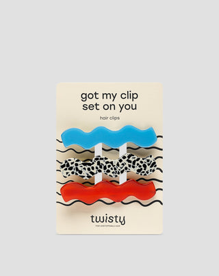 Juego de clips ondulados Twisty para el cabello - marmoleado, azul y rojo- 3 unidades - 1