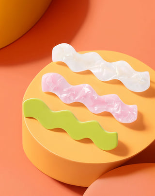 Juego de clips ondulados Twisty para el cabello - perlado, verde y rosa - 3 unidades - 6