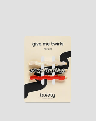 Juego de horquillas onduladas Twisty para el cabello - roja, marmoleada y perlada - 3 unidades