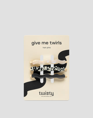 Juego de horquillas onduladas Twisty para el cabello - marmoleada, perlada y negra - 3 unidades