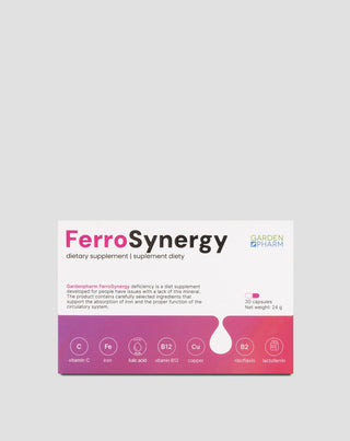 Suplemento dietético para la deficiencia de hierro para apoyar la absorción con vitamina C, B12 y ácido fólico Gardenpharm FerroSynergy 30 uds. - 1