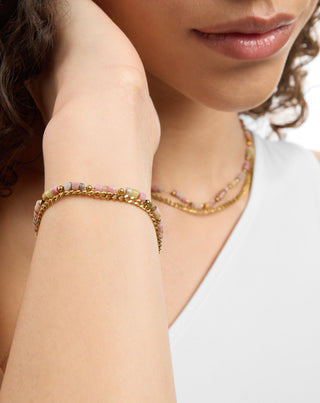 Collar de acero inoxidable chapado en oro con jade rosa y limón Mys_2 - 3