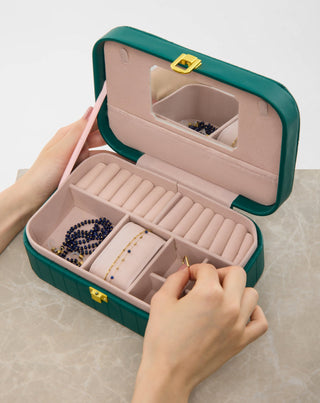 Joyero grande con compartimentos, ruedas y espejo, verde Mys_1 - 2