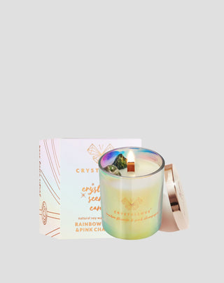 Vela de soja con fluorita arcoíris y champán rosado en recipiente de vidrio Crystallove_3 - 3