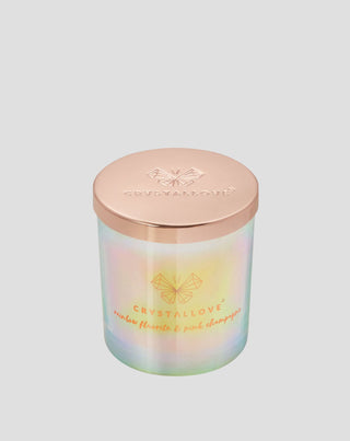 Vela de soja con fluorita arcoíris y champán rosado en recipiente de vidrio Crystallove - 1