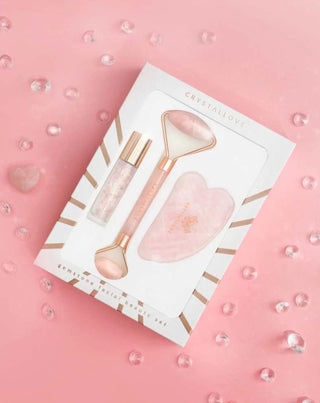 Rodillo facial + tabla de masaje facial + botella roll-on Rose quartz beauty set Crystallove