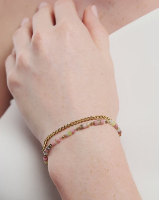 Pulsera chapada en oro con piedras naturales rosa y jade limón Mys - 6
