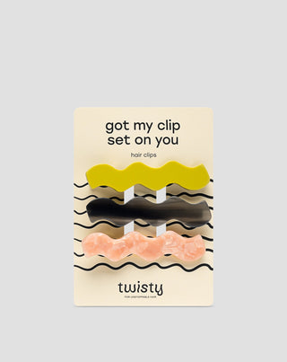 Juego de clips ondulados Twisty para el cabello - verde, negro y rosa - 3 unidades