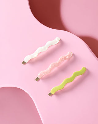 Juego de horquillas onduladas Twisty para el cabello - perlada, verde y rosa- 3 unidades - 2
