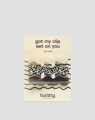Juego de clips ondulados Twisty para el cabello - marmoleado, perlado y negro - 3 unidades