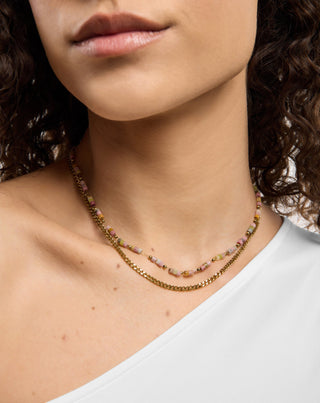 Collar de acero inoxidable chapado en oro con jade rosa y limón Mys_1 - 2